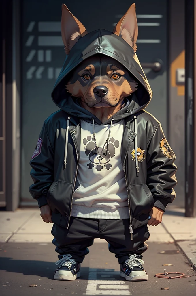 C4tt4stic, Cartoon Doberman dog in a skateboard with a jacket（Body hair is black、Details of the appearance of the Doberman） X