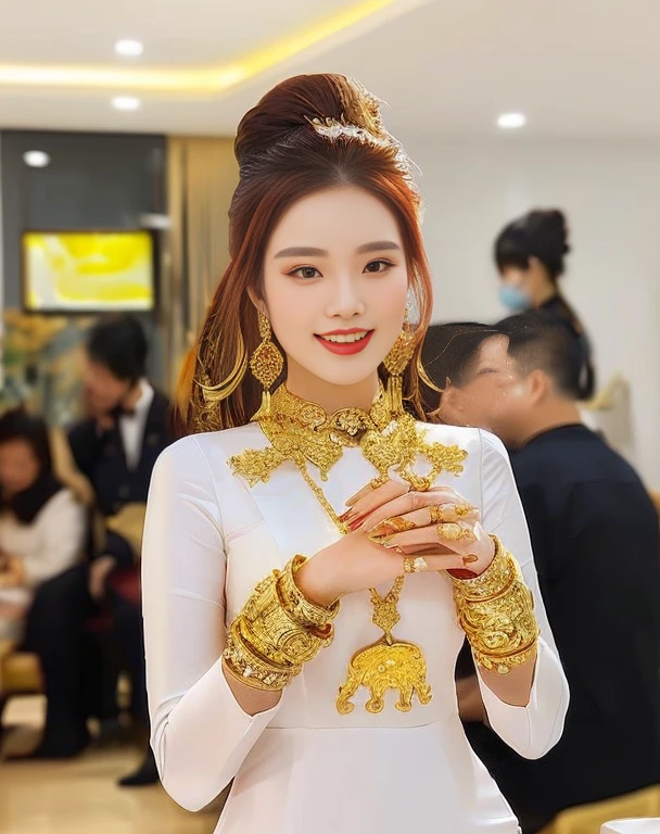 Close-up of woman wearing red dress and gold jewelry, traditional beauty, Wear gold jewelry, Vietnamese woman, gold and red, Niwan Chandra, Southeast Asia that has existed for a long time, traditional chinese, red and gold, Chinese woman, Southeast Asians with round faces, beautiful oriental woman, Sukhothai dress, asian woman