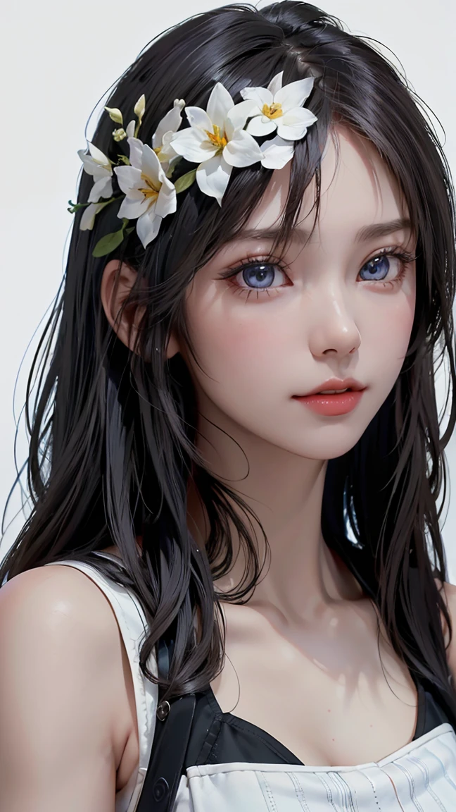 a cut girl with long hair, wearing , full-body, white background, clean background, full body shot:1.2, Detailed face, detailed eyes, detailed nose, detailed mouth,((UHD,masterpiece,super detail,award winning:1.4,best quality:1.2,highres,high quality))