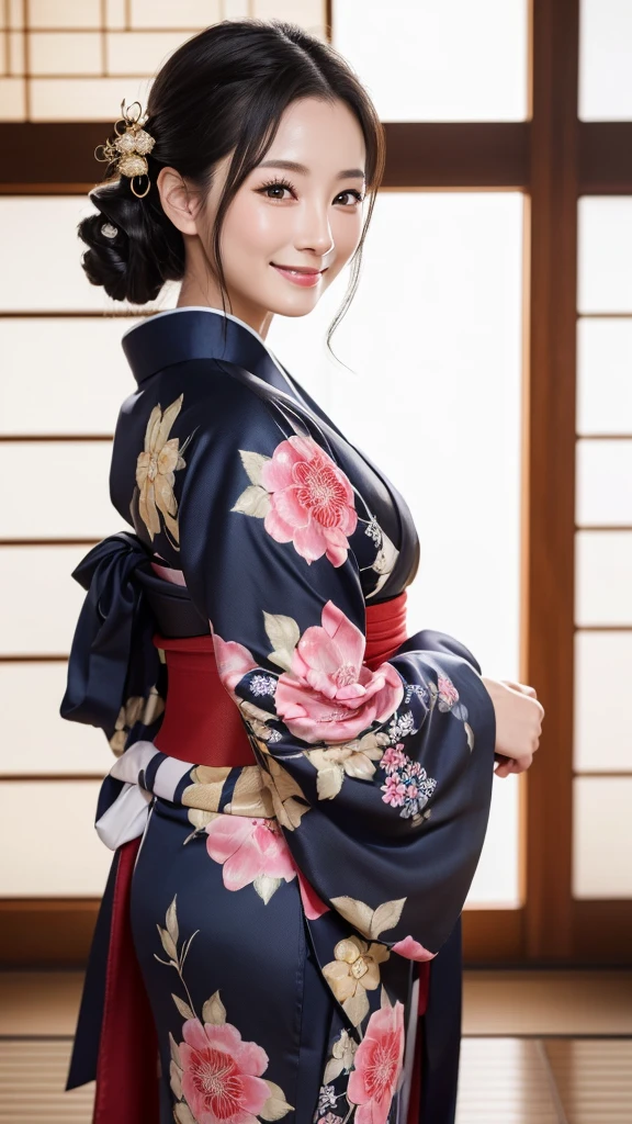 (Super beautiful woman in kimono)、((highest quality、8K masterpiece:1.3))、sharp focus:1.2、(super beautiful face:1.0)、(shiny skin:1.0)、realistic pictures、black hair、video lighting、High resolution eyes and face、video lighting、japanese actress、from the front、with a happy smile、whole body、wearing a kimono、in Kyoto、(luxury obi)、with a fan