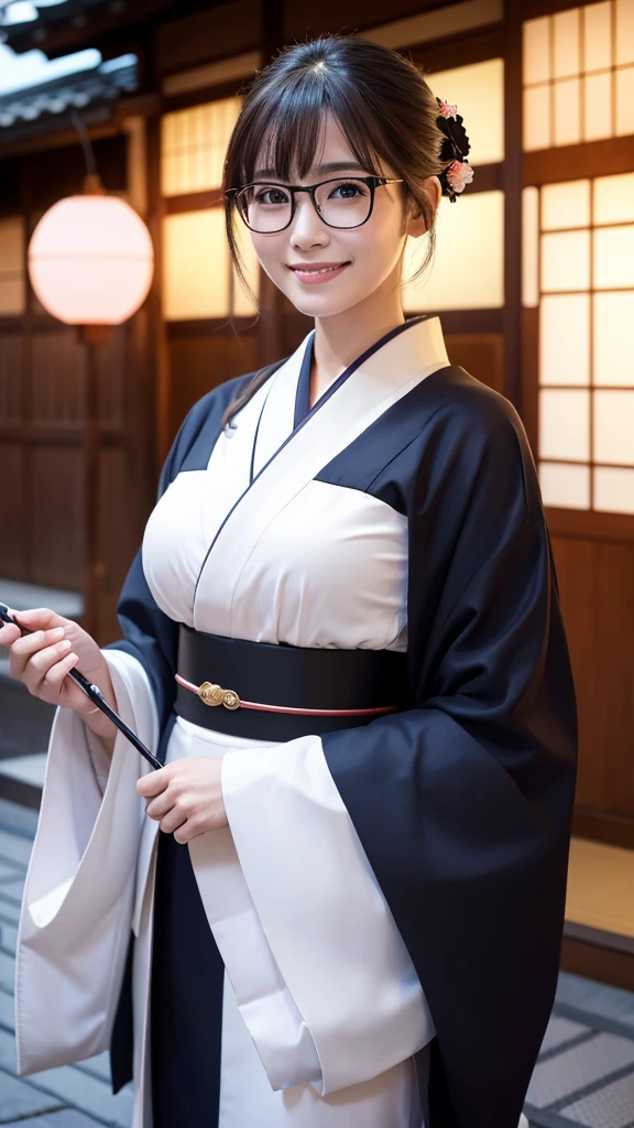 (Super beautiful woman in kimono)、((highest quality、8K masterpiece:1.3))、sharp focus:1.2、(super beautiful face:1.0)、(shiny skin:1.0)、realistic pictures、black hair、video lighting、High resolution eyes and face、video lighting、japanese actress、from the front、big breasts、with a happy smile、Slender abs beauty、whole body、wearing a kimono、in Kyoto、(((luxury obi)))、In Kyoto at night、wearing glasses with no edge、with a fan