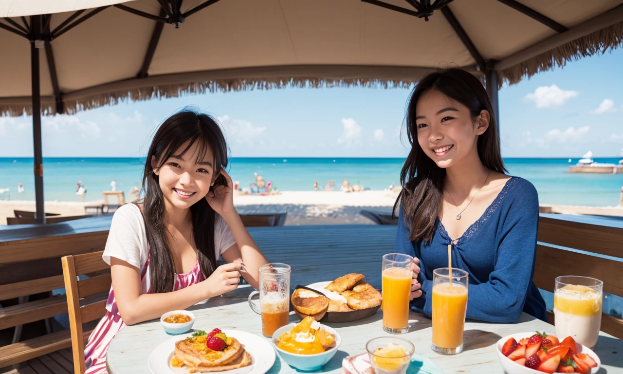 Girl happily having breakfast at the beach