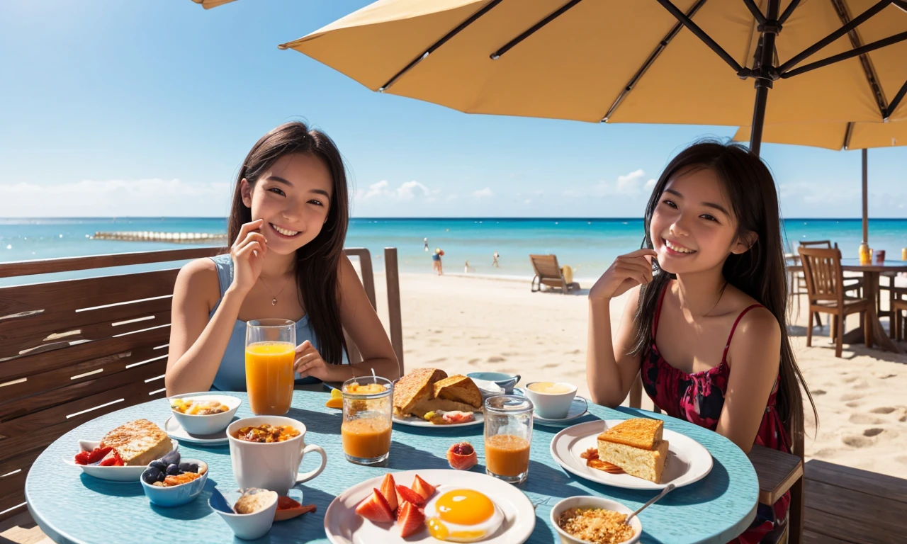 Girl happily having breakfast at the beach