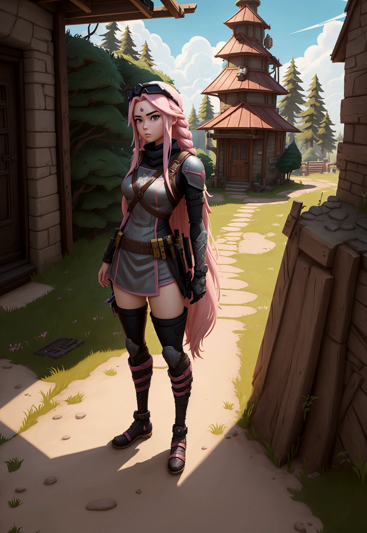 Fortnite and Ghibli style, girl with pink long hair, soilder, white clouthes, magic of beauty, full body, magic katana