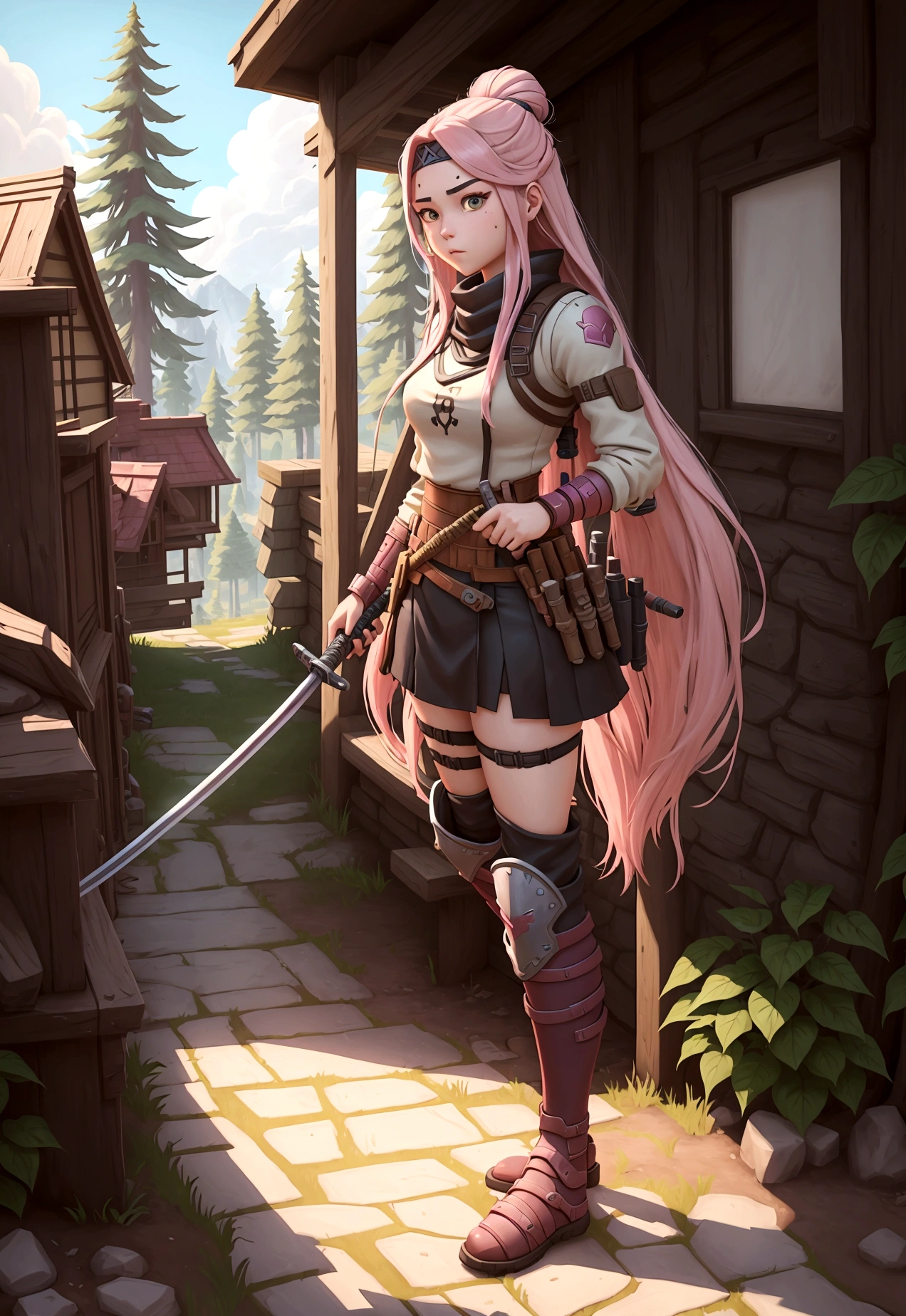 Fortnite and Ghibli style, girl with pink long hair, soilder, white clouthes, magic of beauty, full body, magic katana