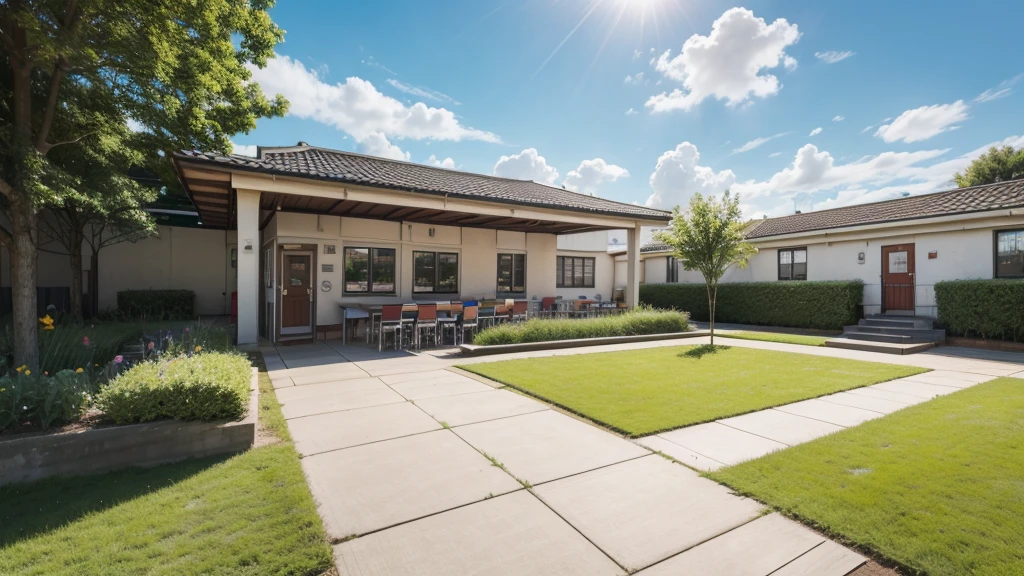 Create a school scene with a sunny sky and a garden