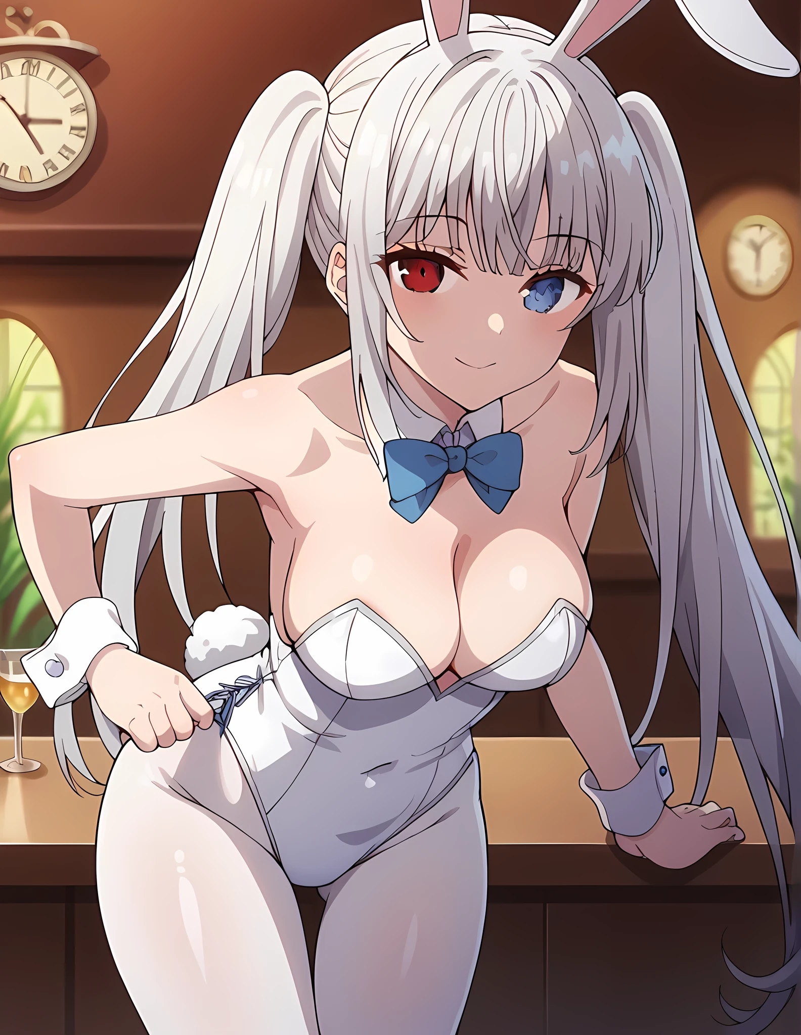 1girl, solo, long hair, big breasts, looking at viewer, smile, bangs, clock blue eyes, red eyes, dancing, removing clothes, brassiere, bow, animal ears, cleavage, bare shoulders, twintails, medium breasts, very long hair, closed mouth, tail, white hair, pantyhose, sidelocks, indoors, bowtie, rabbit ears, blurry, leotard, cup, wrist cuffs, bare arms, strapless, covered navel, leaning forward, detached collar, fake animal ears, heterochromia, blue bow, playboy bunny, rabbit tail, strapless leotard, white pantyhose, white leotard, 