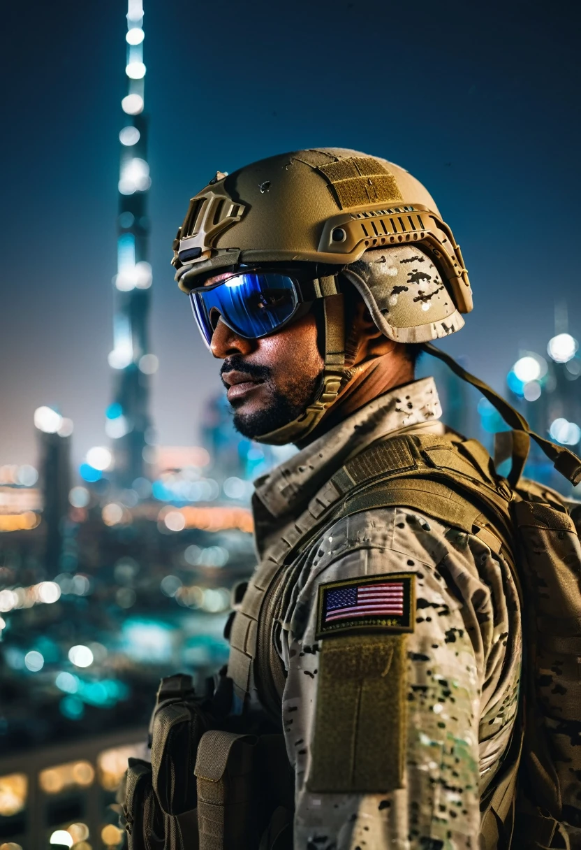 close up photo of a man wearing a multicam textured US army uniform, wearing night goggles, with combat helmet, destroyed and blurred Dubai city skyline, urban rooftop, twilight, natural light, bombing in the city, ostil scenery, intense mood and introspective, skin texture, modern aesthetic (robust: 0.4), expression bravery, heroic, bokeh, cinemascope, moody, epic, beautiful, film grain