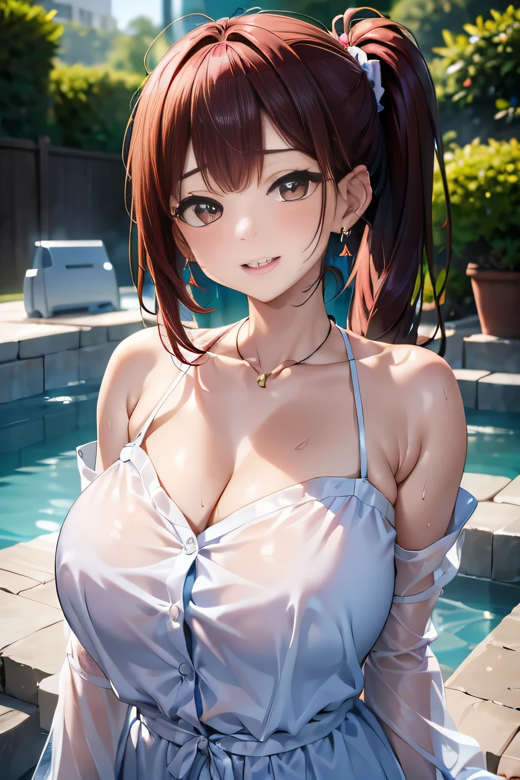 (Hot Spring Resort,Immerse yourself in the open-air bath up to your shoulders,)Blushing、Laugh shyly、(Beautiful girls)、(Short reddish brown hair、hairpin、ponytail、Floating Hair、)huge 、blush with embarrassment、Dreamy eyes、A smile that captivates the viewer、Take a look at the photographer、Sweaty skin、Staring at the audience、Upper body naked、,48歳 Upper body naked、necklace、Earrings、Pointed red mouth,Perfect round face,,Proper body balance,Intricate details,Very delicate and beautiful hair,Photo Real,dream-like,Professional Lighting,Realistic Shadows,Focus Only,Beautiful Hands,Beautiful fingers,Detailed finger features,Detailed clothing features,Detailed hair features,Detailed facial features,(Tabletop,Highest quality,Ultra-high resolution output images,) ,(8K quality,),(Picture Mode Ultra HD)