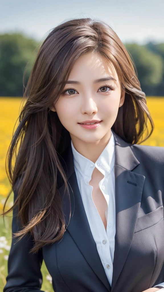 highest quality、genuine、Super detailed、finely、High resolution、8k wallpaper、one beautiful woman、、、light brown disheveled hair、wearing a business suit、sharp focus、perfect dynamic composition、beautiful and detailed eyes、thin hair、Detailed genuine skin texture、smile、model body shape、In a windswept meadow