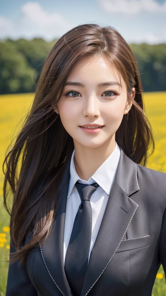 highest quality、genuine、Super detailed、finely、High resolution、8k wallpaper、one beautiful woman、、、light brown disheveled hair、wearing a business suit、sharp focus、perfect dynamic composition、beautiful and detailed eyes、thin hair、Detailed genuine skin texture、smile、model body shape、In a windswept meadow