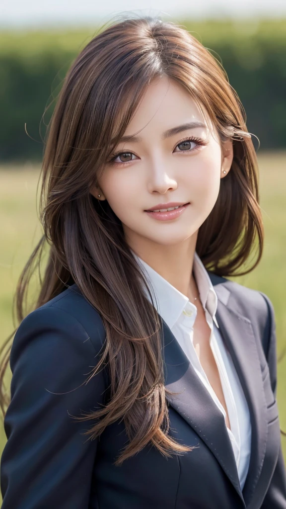 highest quality、genuine、Super detailed、finely、High resolution、8k wallpaper、one beautiful woman、、、light brown disheveled hair、wearing a business suit、sharp focus、perfect dynamic composition、beautiful and detailed eyes、thin hair、Detailed genuine skin texture、smile、model body shape、In a windswept meadow