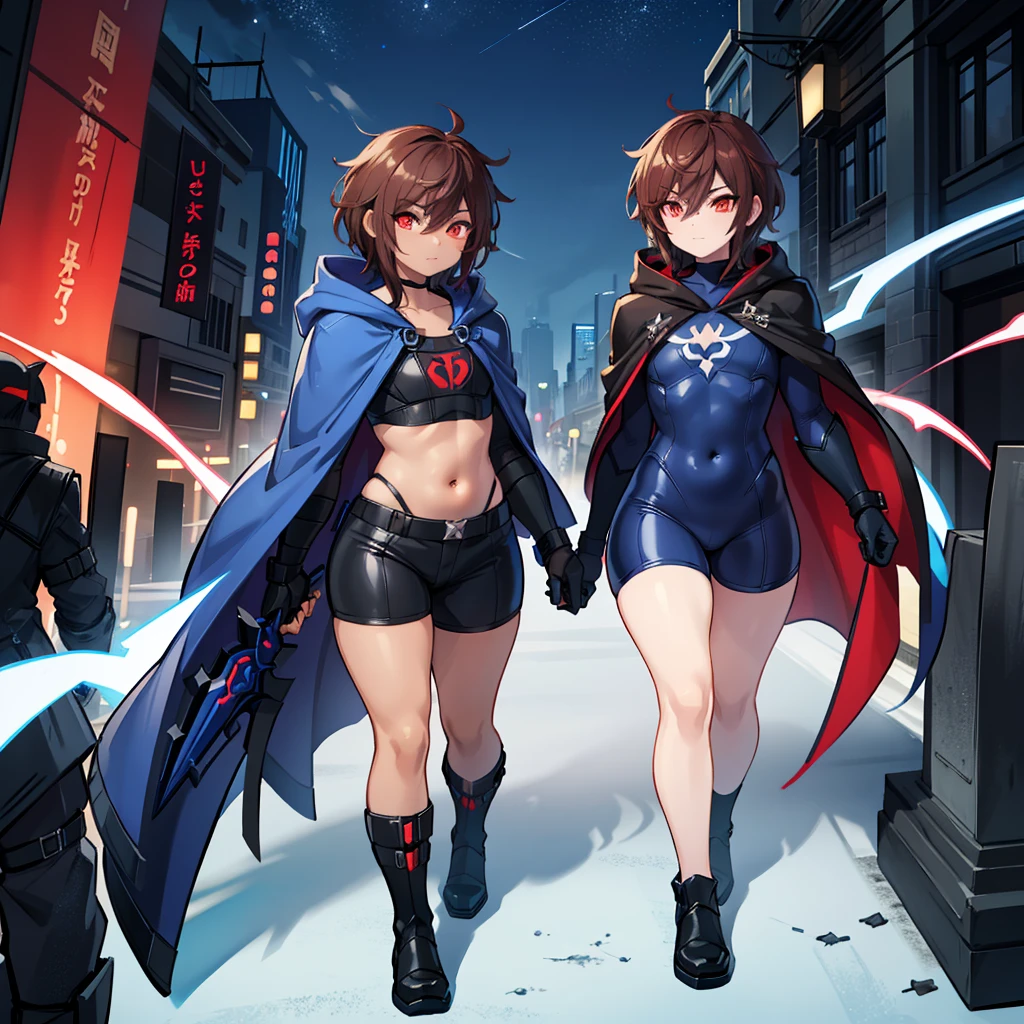 1boy, Femboy, superhero, crossdresser man, ager, with a dark blue with red accents full body Spandex crow themed suit, with a blue cape, a blue glowing decal in the chest, black gloves and black boots that resemble crow feet, and a hoodie, long technological red sword, brown skinned, red eyes, feminine shoulder length dark brown hair, wide hips, thick thighs , flat chest, narrow waist, walking down street a futuristic city at night ((only one character))