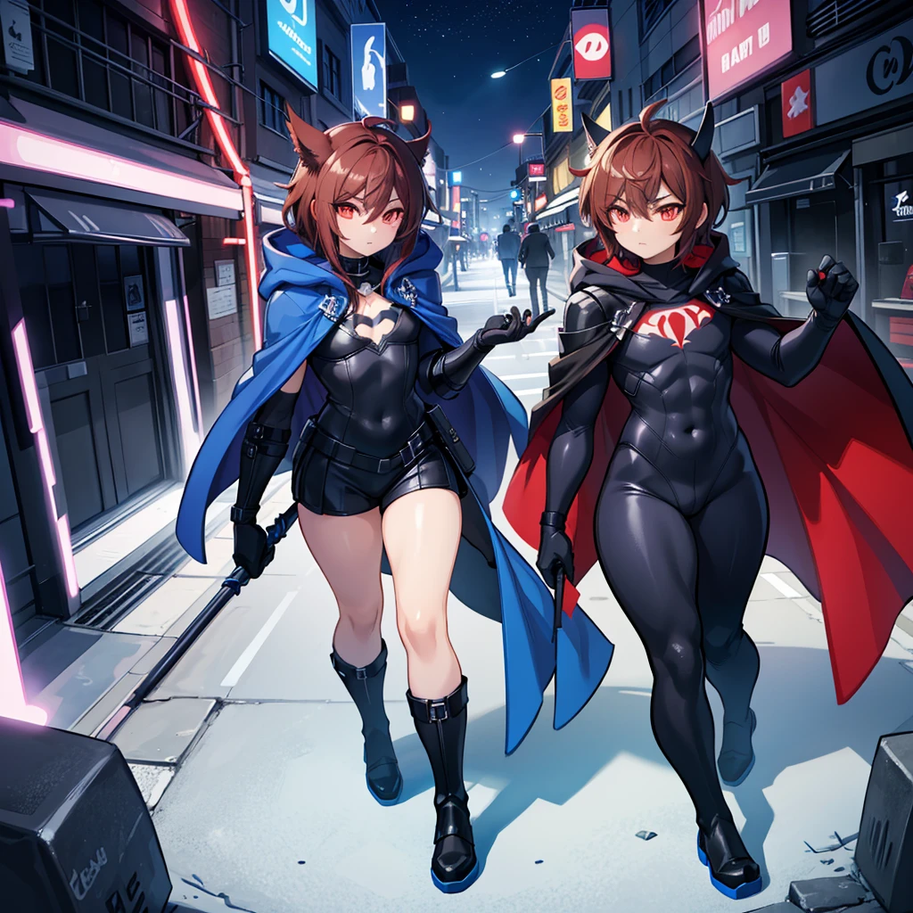 1boy, Femboy, superhero, crossdresser man, ager, with a dark blue with red accents full body Spandex crow themed suit, with a blue cape, a blue glowing decal in the chest, black gloves and black boots that resemble crow feet, and a hoodie, long technological red sword, brown skinned, red eyes, feminine shoulder length dark brown hair, wide hips, thick thighs , flat chest, narrow waist, walking down street a futuristic city at night ((only one character))