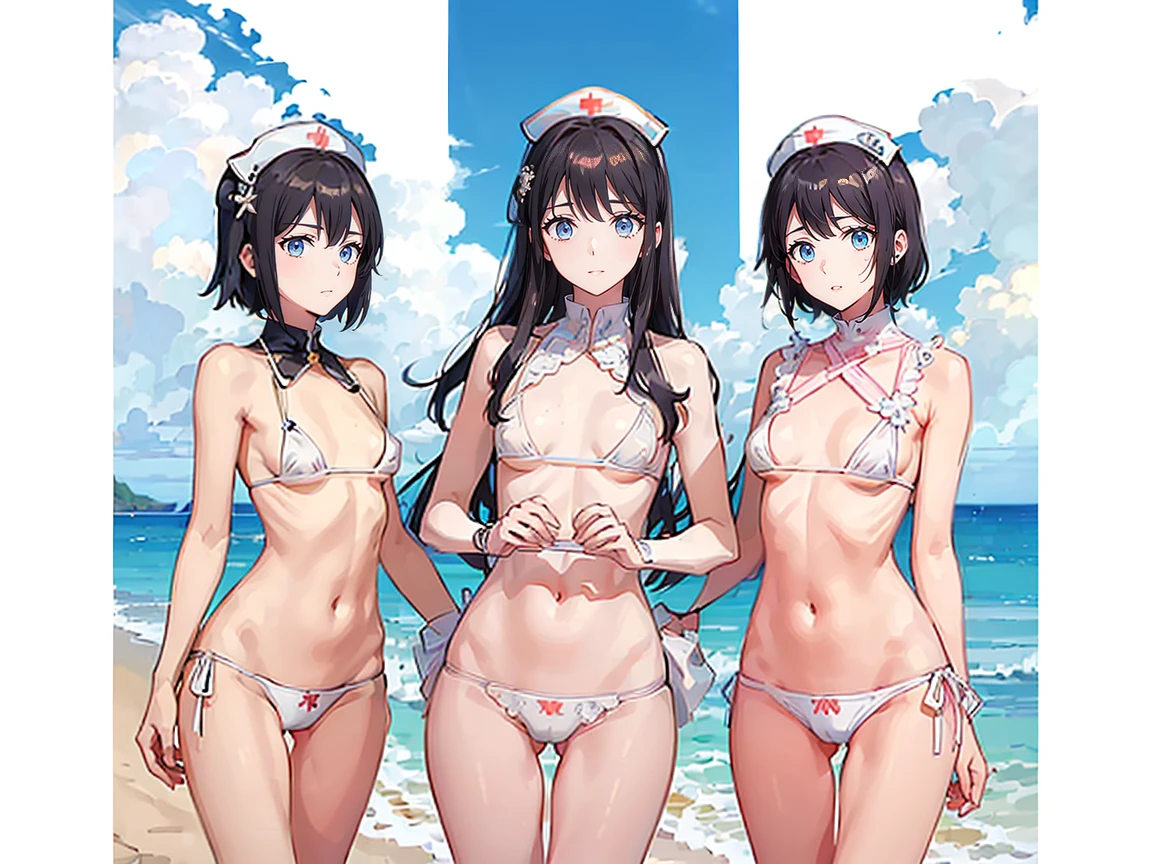 (((High resolution:1.5))), (((Very detailedな:1.5))), (((Three Girls:1.3))),((７Head to Body:1.3))、 (((beach,Outdoor、Midday light background)))、(((Happy expression))), (((smile:1.5)))、(((Beautiful and detailed eyes:1.3))), (((Very detailed))), (((Details face:1.5))), break , ,sunny, ,(((nurse、White Bikini、underboob:1.3)))、(((TバッグWhite Bikini:1.5))),((Very delicate body))、((Very flat chest))、((Small waist))、((thigh gap:1.2))、Friendly atmosphere、