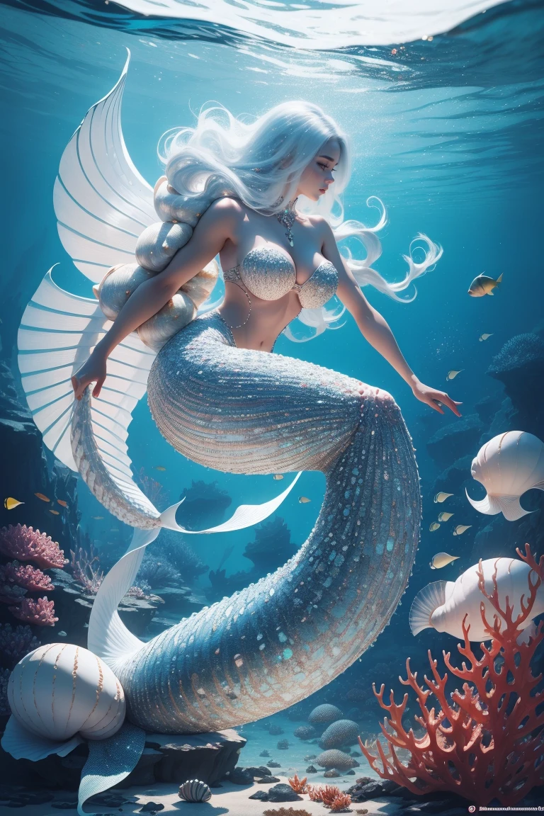 {-erro_de_anatomia:1.0} Mermaid form, Huge fish tail，(Hairstyles: Long hair white) the ocean，complexdetails，big tits, sexy, Extremely detailed, dynamic angle, The most beautiful forms of chaos, vivid colour, romanticism lain, seaform, Buble, shells, Fish, pearls，conch，Large sea snails，ocean floor，Under the water，lobster，The fish，Colorful coral reef rocks，All kinds of conch shells, Unity 8k Wallpaper, Ultra-detailed, Beautiful and aesthetically pleasing, tmasterpiece, best qualit, siren,