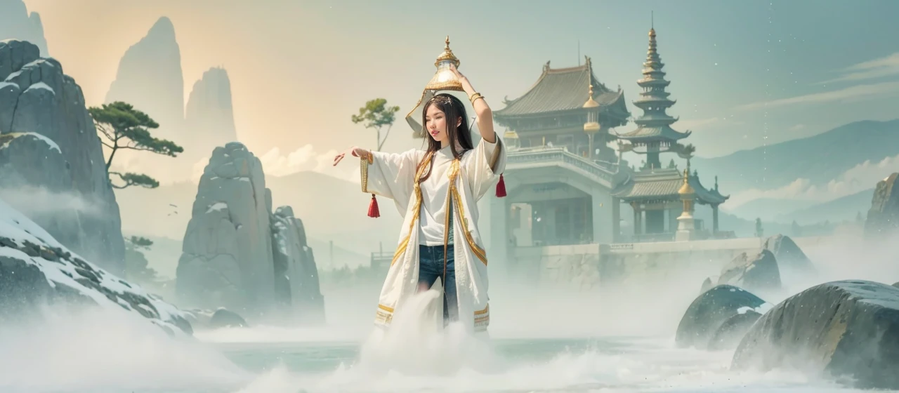 A beautiful asian woman with light delicately filtering through her hair