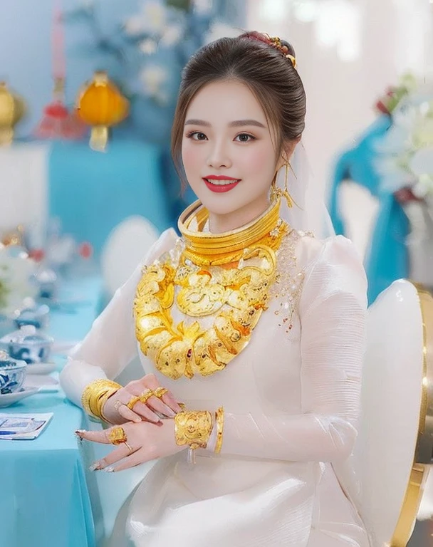 Close-up of woman wearing red dress and gold jewelry, traditional beauty, Wear gold jewelry, Vietnamese woman, gold and red, Niwan Chandra, Southeast Asia that has existed for a long time, traditional chinese, red and gold, Chinese woman, Southeast Asians with round faces, beautiful oriental woman, Sukhothai dress, asian woman