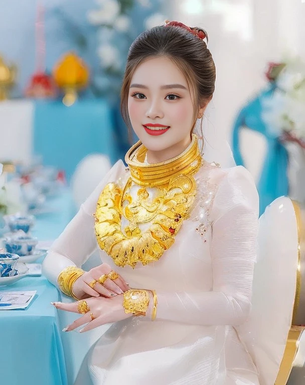 Close-up of woman wearing red dress and gold jewelry, traditional beauty, Wear gold jewelry, Vietnamese woman, gold and red, Niwan Chandra, Southeast Asia that has existed for a long time, traditional chinese, red and gold, Chinese woman, Southeast Asians with round faces, beautiful oriental woman, Sukhothai dress, asian woman