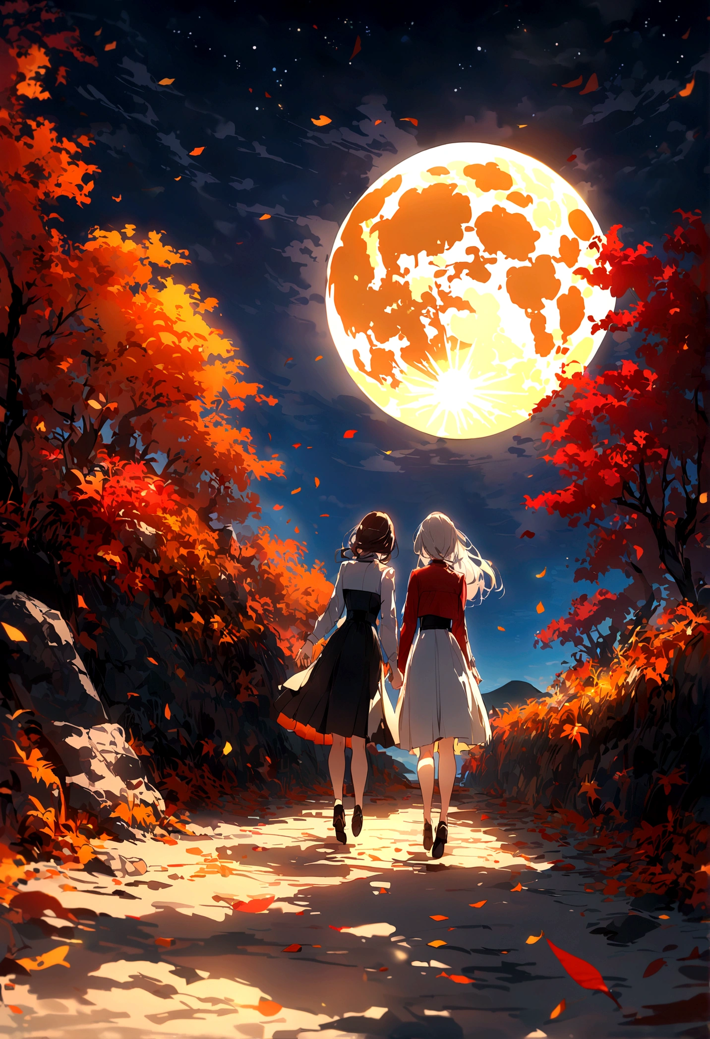 wallpaper，masterpiece，Best quality，Stills，Two women holding hands，Full Moon，Autumnal，seaside