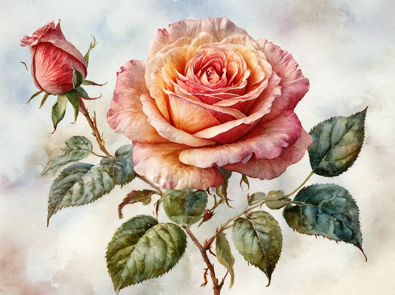 rose watercolor, psd a5, realistic style, oscar dominiguez, holotone printing, dye-transfer, classical motifs and themes, soft focal points, white background