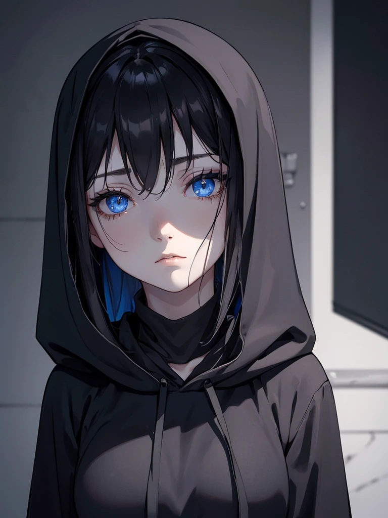 A melancholic beauty, her deep blue eyes shimmering under the moonlight, clad in a black open hoodie. This portrait captures a young woman with dark hair and a touch of sorrow in her gaze. The image is a vivid photograph that beautifully showcases her features. The subtle nuances in her expression, the way her eyes reflect the light, and the contrast of the dark clothing against her pale skin all contribute to the striking composition. The high resolution and attention to detail make this image truly captivating, drawing viewers into the emotional depth of the subject.