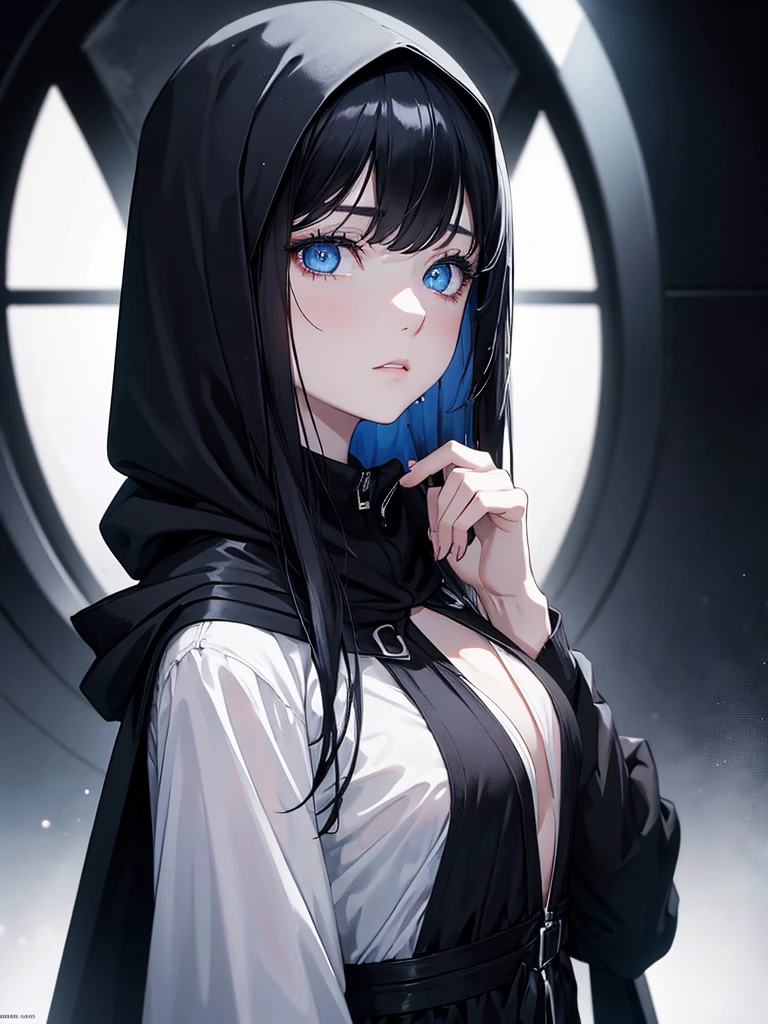 A melancholic beauty, her deep blue eyes shimmering under the moonlight, clad in a black open hoodie. This portrait captures a young woman with dark hair and a touch of sorrow in her gaze. The image is a vivid photograph that beautifully showcases her features. The subtle nuances in her expression, the way her eyes reflect the light, and the contrast of the dark clothing against her pale skin all contribute to the striking composition. The high resolution and attention to detail make this image truly captivating, drawing viewers into the emotional depth of the subject.