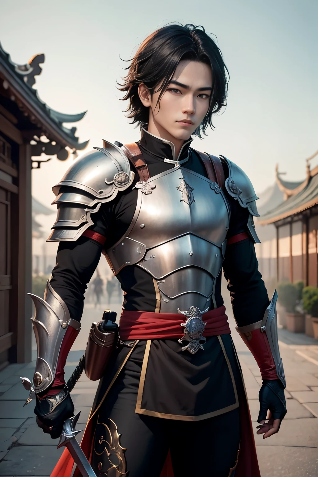 8K,Photorealistic RAW photograph maximum quality;1.4) (uth Attendant) Super beautiful use (lifelike face) Shonen Demon Slayer Black and red special forces suit black pants Legging Armor Beautiful expression 超High resolution a smirk Precise detail real looking skin Equip a sword at your waist Of sword and armor in an urban setting by Jan J, Cute boy in Demon Slayer art, g liulian art style, chengwei pot at art station, yangjunchen, zhao yun, Inspired by Zhang Senyao, by Leng Mei, por Victor Wang, Herói Xianxia, por Zhou Fang, by Yang Jin