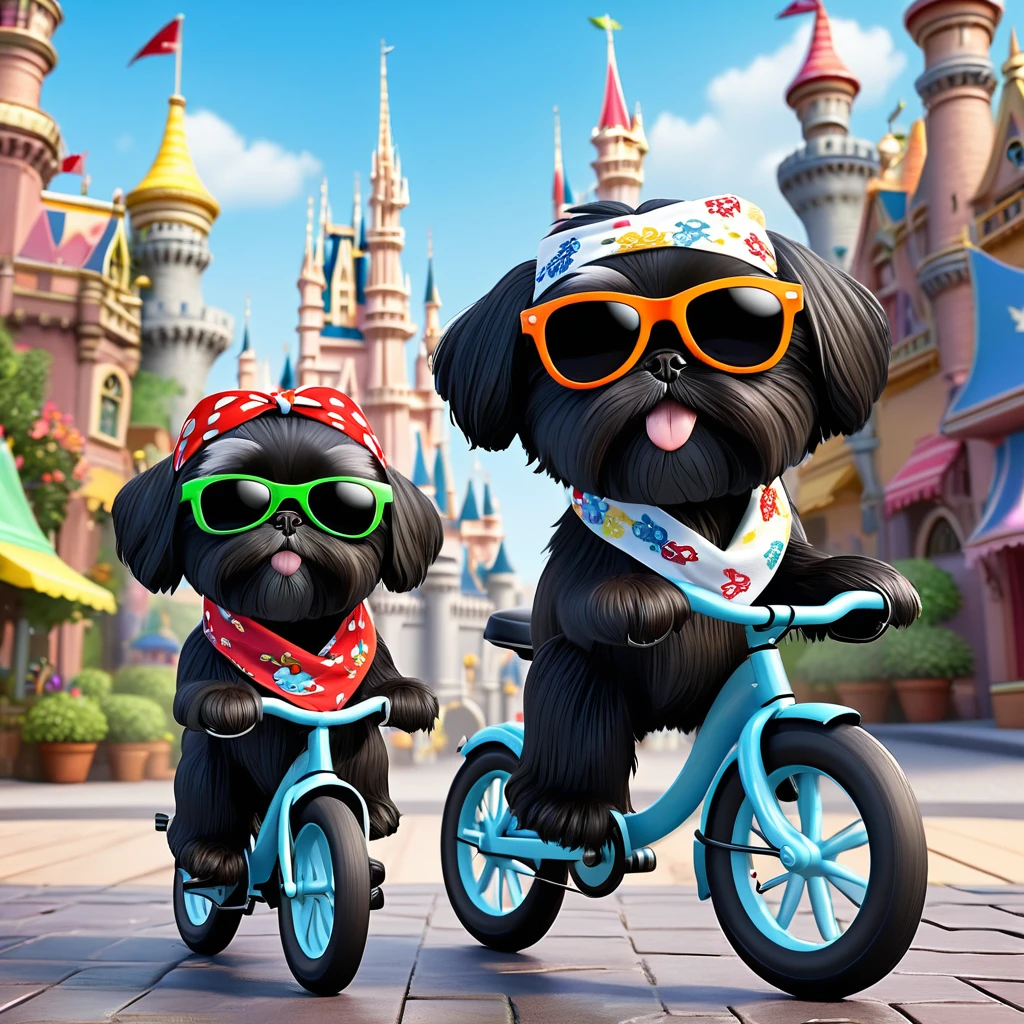 2 Adorable small black Shih Tzu puppies wearing bright bandannas and sunglasses swimming with dolphins Disney background 3d cartoon 3d render disney pixar style