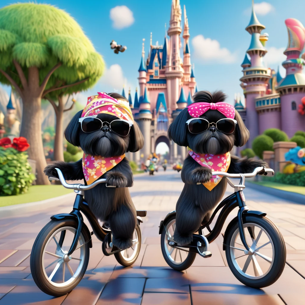 2 Adorable small black Shih Tzu puppies wearing bright bandannas and sunglasses riding bicycles Disney background 3d cartoon 3d render disney pixar style