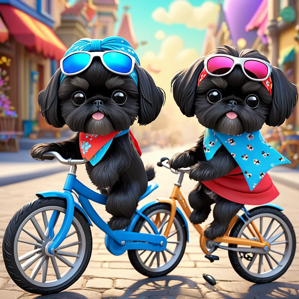 2 Adorable small black Shih Tzu puppies wearing bright bandannas and sunglasses swimming with dolphins Disney background 3d cartoon 3d render disney pixar style