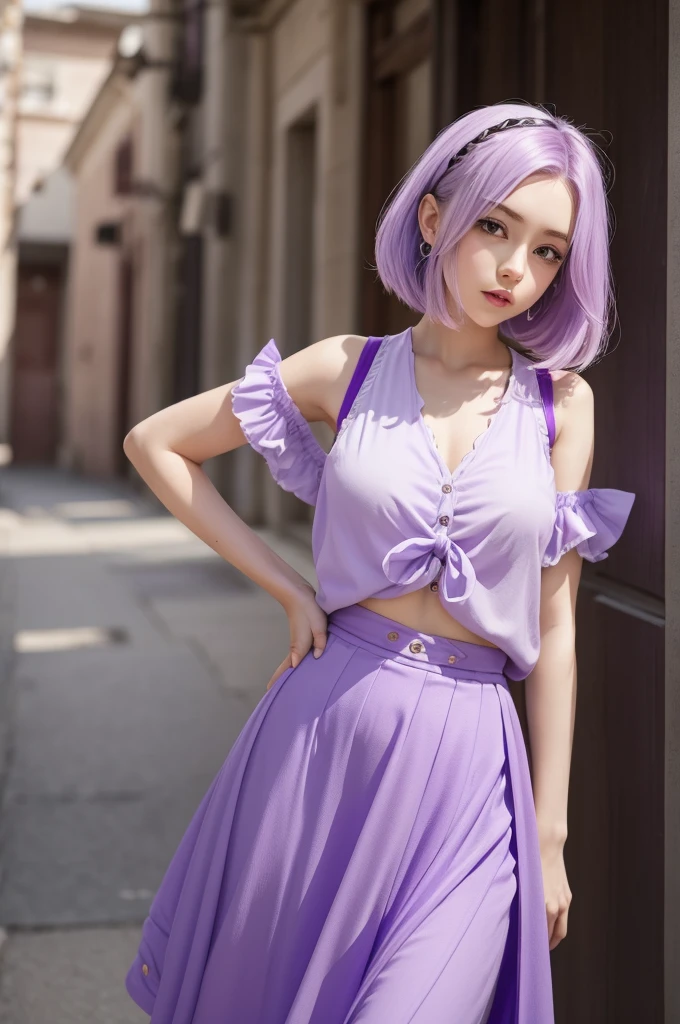sumire kakei, single braid, purple hair, beautiful, beautiful woman perfect body, perfect breasts, wearing a white dress, luxurious, beautiful, expensive, very beautiful, handbag, wearing a watch, wearing earrings, walking on the red carpet, carpet red, looking at viewer, slight smile, realism, masterpiece, textured leather, super detailed, high detail, high quality, best quality, 1080p, 16k