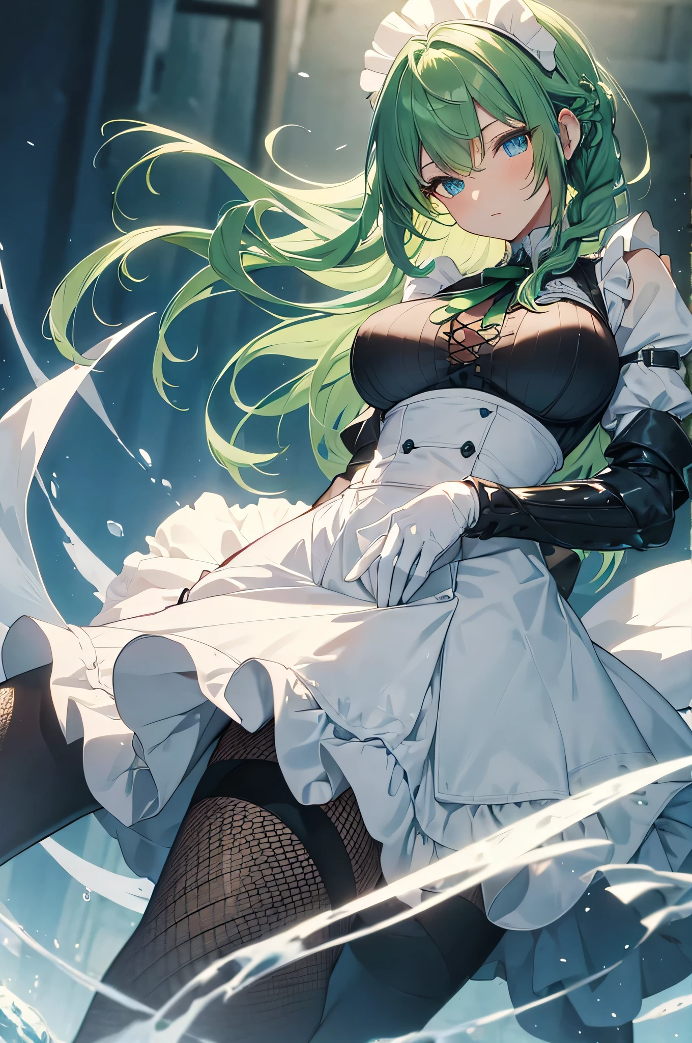 4K,High resolution,One Woman,Green Hair,Braid,Blue Eyes,Big Breasts,knight,White maid outfit,no good,Armor Boots,White gloves,Black fishnet stockings,Maid&#39;s Headband,Jewelry decoration,Long sword,Medieval castle town