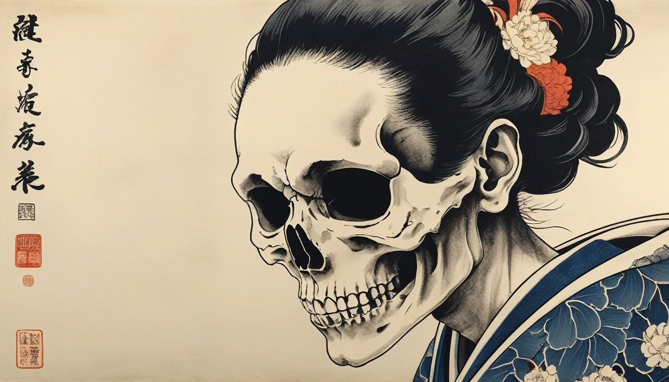 Cover your entire face with a skull mask, Highest quality, Katsushika Hokusai, Ink Painting, Delicate and precise, Modern ukiyo-e style,