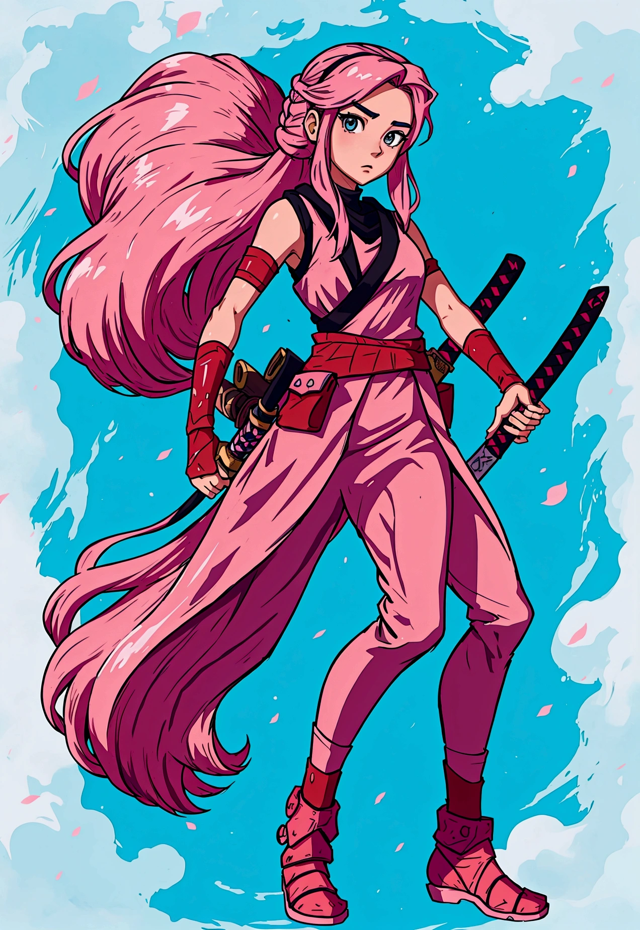 Fortnite and Ghibli style, girl with pink long hair, soilder, white clouthes, magic of beauty, full body, magic katana