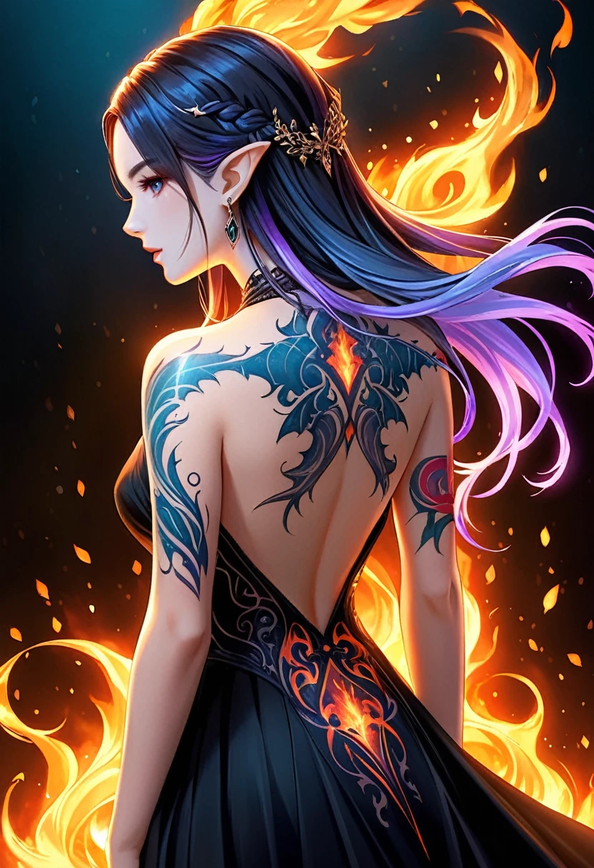 a picture of a ((shark tattoo: 1.5)) on the back of a female elf, Dark fantasy art, fantasy art, goth art,, a glowing tattoo of a ((shark: 1.3)) on the back of the elf, the ((shark tattoo)) is vivid, intricate detailed coming to life from the ink to real life, GlowingRunesAI_purple, ((fire surrounds the shark: 1.5)), shoot taken from the back, ((the back is visible: 1.3), she wears a transparent black dress, the dress is elegant, flowing, elven style, that the tattoos glow, dynamic hair color, dynamic hair style, faize,, Digital Painting