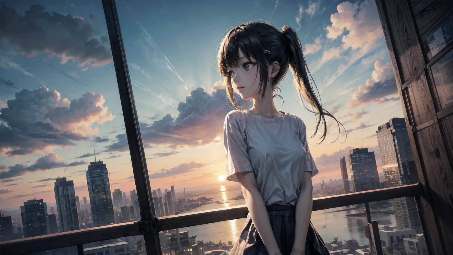highest quality, anime moe art style,Best Anime 8K Konachan Wallpaper,pixiv contest winner,perfect anatomy, (Plump nipples),break, 1 girl, (alone,,,20-year-old:1.3), long white curly hair, twin tails, amount, (hair above one eye:1.4),all limbs, Beautiful hands and fingers,Beautiful E Cup Breasts, between the legs, small eyes,accurate black eyes, Eyes of enlightenment that have mastered everything, hair clip, simple and thin plain fabric, (((white t-shirt))), micro mini pleated skirt. break, Draw the whole limb, sideways posture, depression, Super detailed,High resolution,super dense skin, professional lighting,8K eye details, (cute illustration:1.2), Panoramic night view of Minato Mirai、View from the rooftop of the skyscraper, black light lighting, midnight,