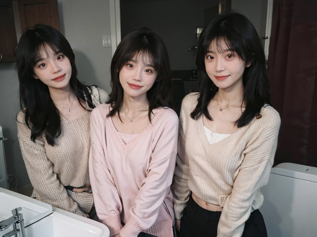 best quality， ultra high resolution， （realistically：1.4），cute hairpin，Baoyu Girl，1 girl,pink long sweater，pink long sweater ，Beautiful woman with slim figure:1.4, abdominal muscles:1.1, (a brown haired one, Medium chest:1.3), pink long sweater, bathroom,Super thin face，exquisite eyes，double eyelids，Smile，necklace