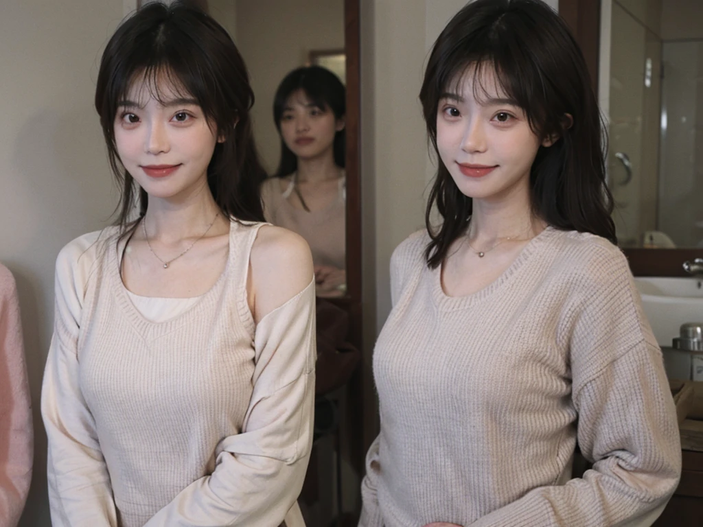 best quality, ultra high resolution, (realistically:1.4),cute hairpin,Baoyu Girl,1 girl,pink long sweater,pink long sweater ,Beautiful woman with slim figure:1.4, abdominal muscles:1.1, (a brown haired one, Medium chest:1.3), pink long sweater, bathroom,Super thin face,exquisite eyes,double eyelids,Smile,necklace