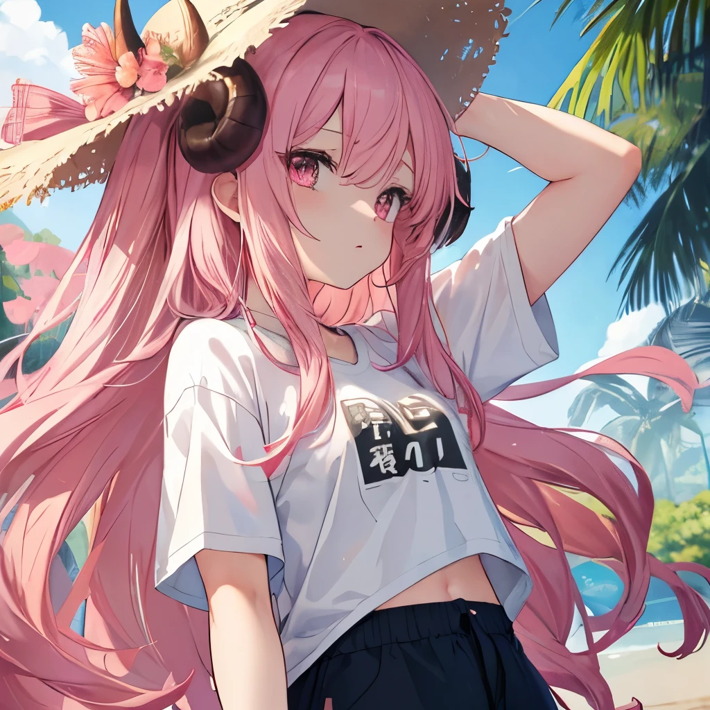 An anime-style illustration of ‘Fua-chan’ enduring an extremely hot summer. Fua-chan has distinctive features: long pink hair styled in soft curls resembling sheep’s horns, and pink eyes. She is depicted wearing light, breathable clothing that is appropriate for the heat but not revealing, such as a loose-fitting t-shirt and comfortable pants. She has a visibly hot and slightly tired expression, possibly fanning herself with one hand. The background shows a sunny outdoor setting with heat waves visible in the air, emphasizing the intensity of the summer heat. There might be elements like a cold drink, an ice pack, or a shady spot to highlight her attempts to stay cool.