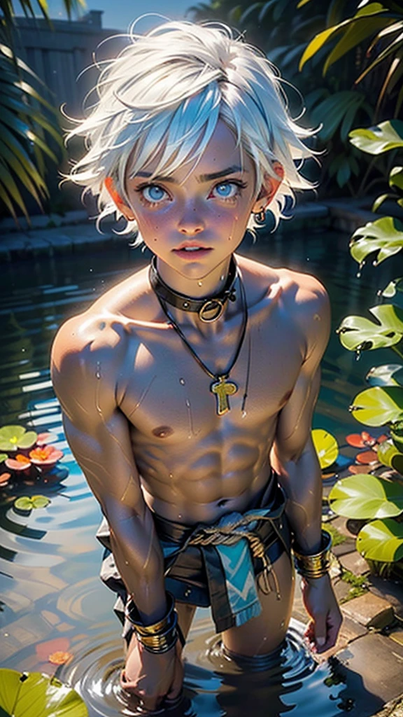 tribal,(((little boyid only,,1boy,male gender))),((((8 years old)))),
ch,(((white hair,short hair,very short spiky hair,white hair with aqua stripes,colored inner hair))),((aqua_eyes:1.3))),intricate eyes,beautiful detailed eyes,symmetrical eyes,big eyes:1.5,(((black skin,dark skin,lustrous skin:1.5,tanned skin,bright skin: 1.5,skin tanned,shiny skin,very shiny skin,shiny body))),(((kid body,a little chubby,good anatomy,accurate body proportions,detailed shota body for young boy,))),(((detailed face and eyes))),((undercut)),
(nsfw),
((((bare chest,naked torso)))),(barefoot,),(((slave,slave collar,Long chain leash connected to her collar,shackles,loincloth,bulge in loincloth))),((torn clothes,wet clothing,intricate outfit)),
dynamic pose,looking at viewer,(tears,open mouth),centered,scale to fit dimensions,Rule of thirds,
((beautiful bath house made of egyptian marble and pillars, beautiful clear water in pool)),scenery:1.25,((intricate scenery)),((egyptian temple background)),outdoors,overgrown,(overgrown background,glowing crystals,bioluminescent plant),extremely scenery,(((glowing crystals,bioluminescent plants))),(puddles everywhere,moss,moss on the background),clouds,lily pads,palms,reeds,(sunset, golden hour),
(Glossy Egyptian ornaments),highres,sharp focus,(ultra detailed,extremely detailed),(photorealistic artwork:1.37),(extremely detailed CG unity 8k wallpaper),(((vibrant colors,vibrant theme))),(intricate),(masterpiece),(best quality),artistic photography,(photography taken by sldr),(intricate background),perfect rendered face,perfect face details,realistic face,photo realistic,((intricate detail)),(((realism))),
