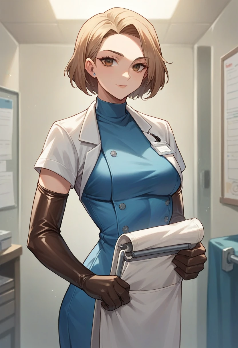 1girl, ((brown elbow gloves)), ((surgical gloves)), ((latex gloves)), ((long sleeves)), ((blue surgeon outfit)), looking at viewer, ((doctor)), standing, solo