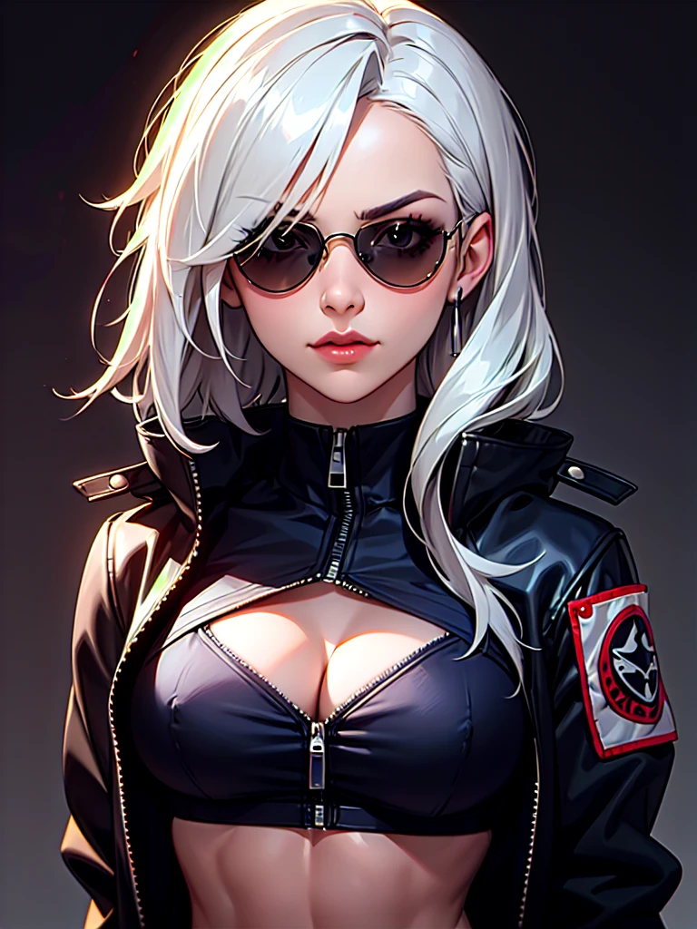 ((Portrait)), She has a Ruthless and Muscular Appearance, with Adult Charm, Fair Skin and a Robust Build. She Expresses a Strong and Proud Look, Giving Off a Self-Confident Attitude. She has Black Eyes, Her Hair is Short and Tousled, Dark Blue Gradient, with Uneven Strands Falling Around Her Face. She Wears an Oversized, Open Black Bomber-style Jacket, with a Zip Up High-neck Crop Top, Revealing Her Midriff. She Also Wears Dark Sunglasses. ((Portrait, HDR, Dark Background))