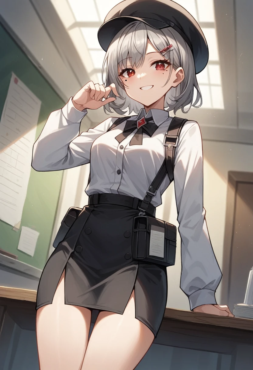 room,Idol Cross,masterpiece,Highest quality,Gray Hair, Red eyes,White shirt,(black formal hat),(Hair Clip:1.3),(Small Mouth Mole:1.3),smile,High resolution,4K,Black sleeves,whole body,Lang Straight Hair,Holster on waist,university student,quiet