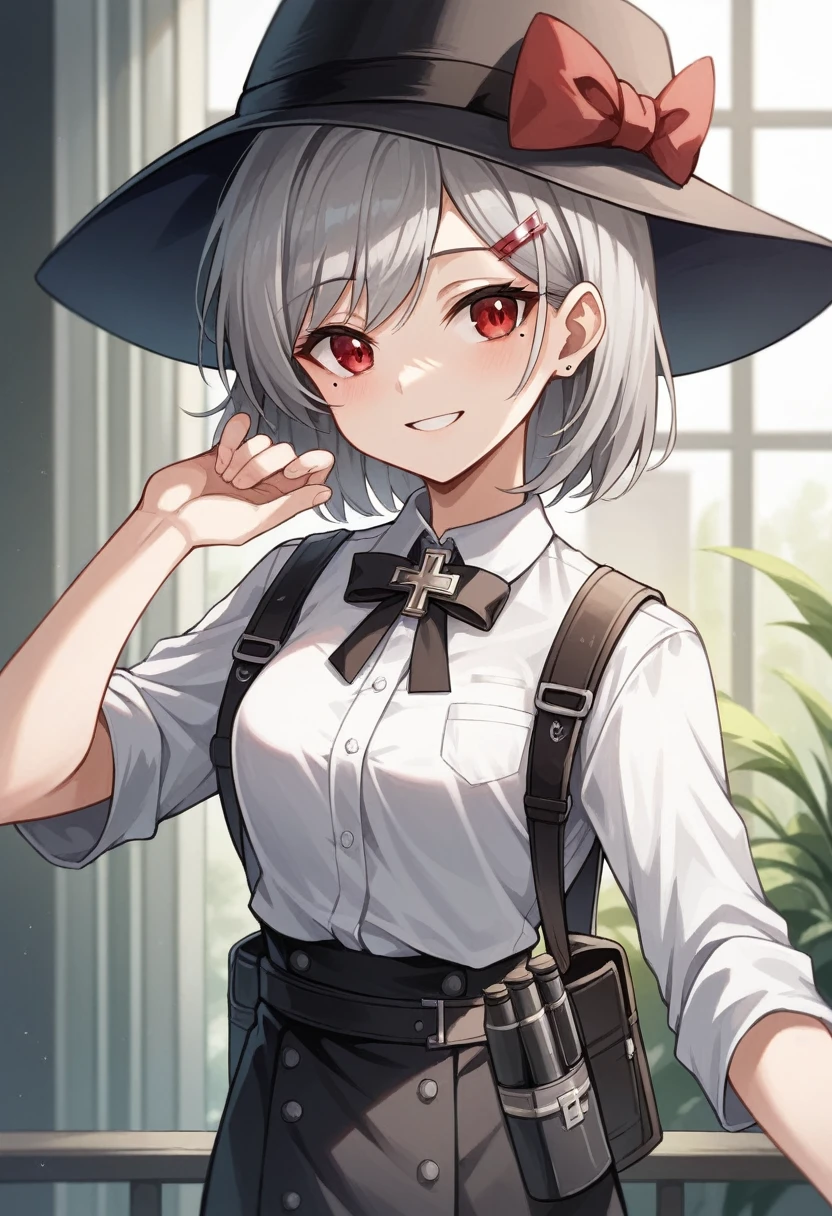 room,Idol Cross,masterpiece,Highest quality,Gray Hair, Red eyes,White shirt,(black formal hat),(Hair Clip:1.3),(Small Mouth Mole:1.3),smile,High resolution,4K,Black sleeves,whole body,Lang Straight Hair,Holster on waist,university student,quiet