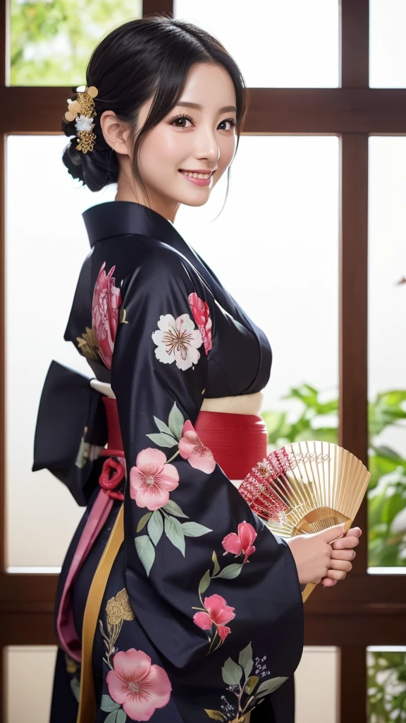 (Super beautiful woman in kimono)、((highest quality、8K masterpiece:1.3))、sharp focus:1.2、(super beautiful face:1.0)、(shiny skin:1.0)、realistic pictures、black hair、video lighting、High resolution eyes and face、video lighting、japanese actress、from the front、with a happy smile、whole body、wearing a kimono、in Kyoto、(luxury obi)、with a fan