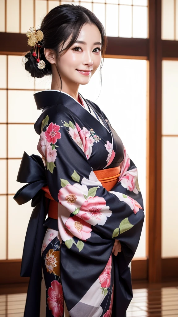 (Super beautiful woman in kimono)、((highest quality、8K masterpiece:1.3))、sharp focus:1.2、(super beautiful face:1.0)、(shiny skin:1.0)、realistic pictures、black hair、video lighting、High resolution eyes and face、video lighting、japanese actress、from the front、with a happy smile、whole body、wearing a kimono、in Kyoto、(luxury obi)、with a fan