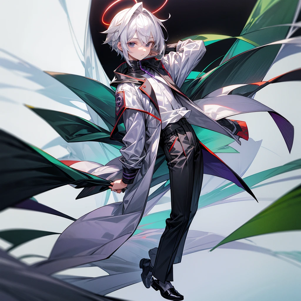 My characteristics:boy, white, white hair, he is wearing a gray a little purple jacket, black slippers,black comfortable cotton pants ,black eyes with green in the middle, the hair is medium and not that long,i have big a red halo above my head I look ,My height 5'5