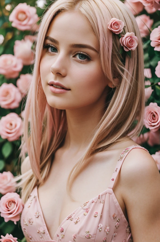 8k, RAW photo, Fujifilm, style photo of a beautiful young woman as avril in a garden of light pink roses (highly detailed skin: 1.2) Style-Petal BREAK short hair, blonde hair with colored locks, wearing a dress, film granulation, 35mm, cute style