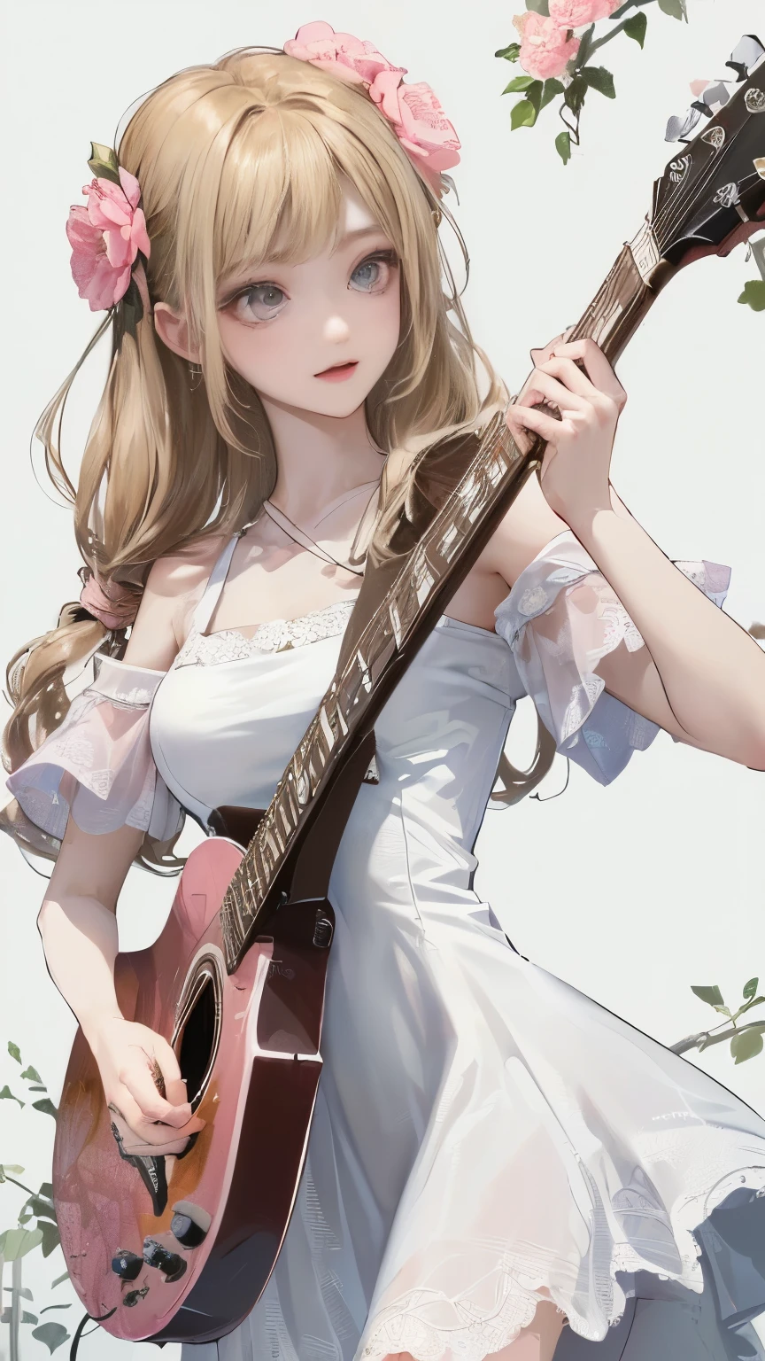 (((Pure white wall background)))、(((Best image quality、8K、Beautiful woman、White wall background)))、guitarist、play the guitar、(((Woman with long hair、Blonde、Girly Hairstyles)))Calm expression、Laughter、(((Botanical pattern dress、White and pink dress、)))Stylish imagery(((I'm wearing a floral dress)))、Background is nothing